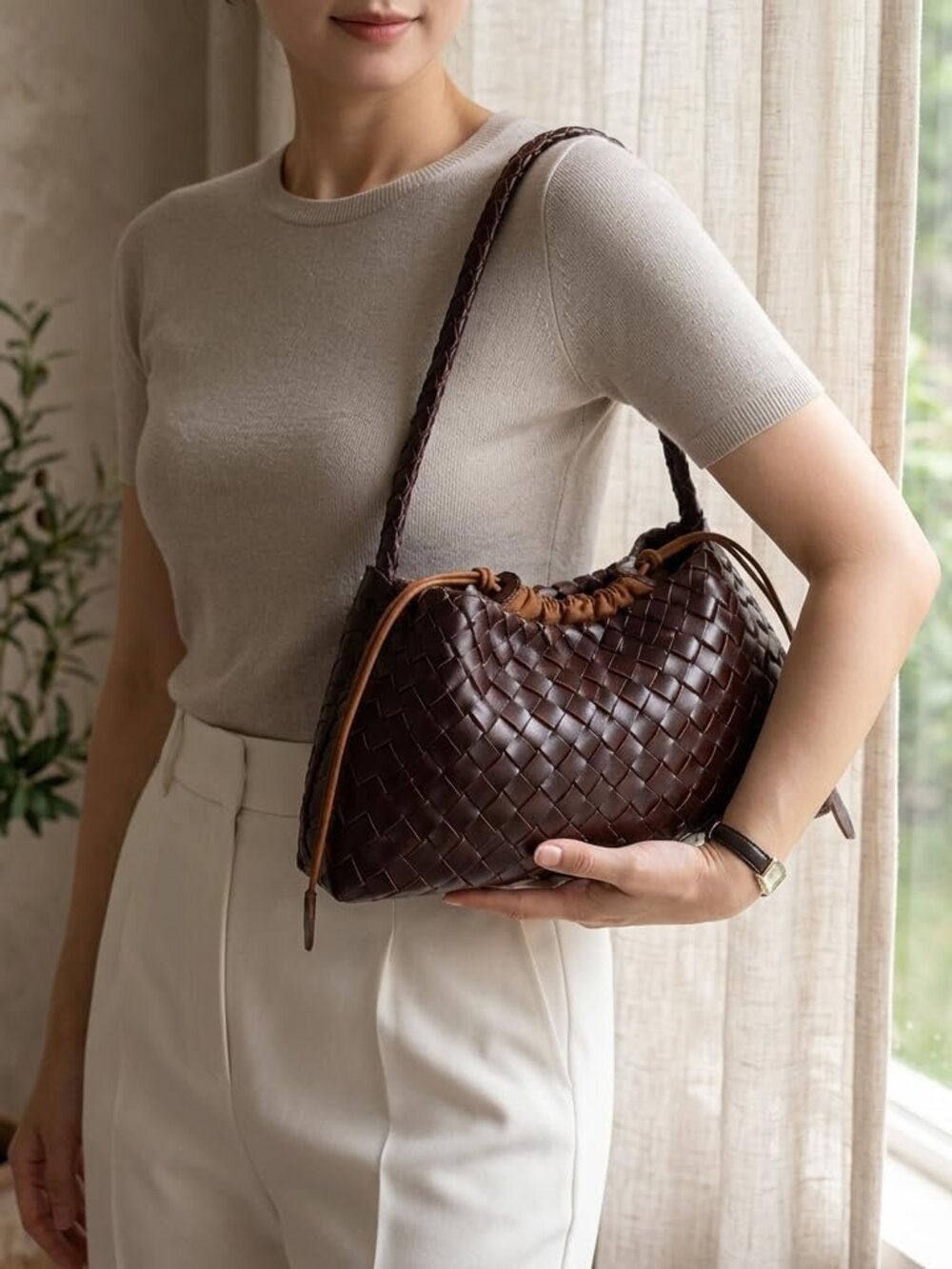 Woven Bag for Women, Vegan Leather Shoulder Purse with Inner Drawstring Pouch, T - Picture 2 of 5